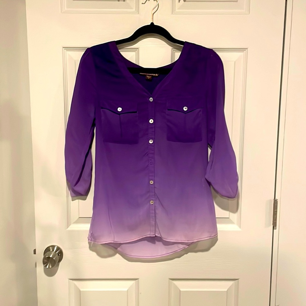 Purple Ombré Sheer Button-Down Blouse – Size Small – Lightweight & Flowy